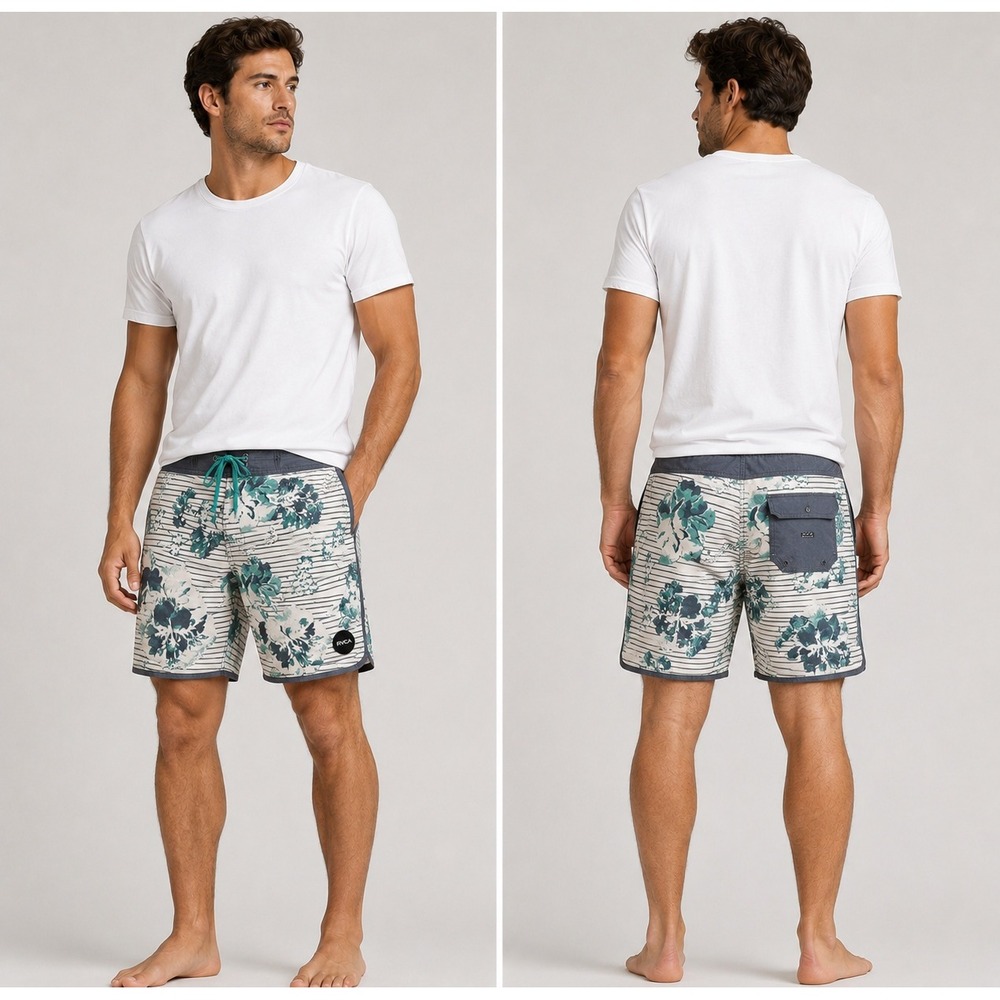 RVCA Board Shorts Mens 36 Teal Grey Floral Striped Stretch Surf Swim